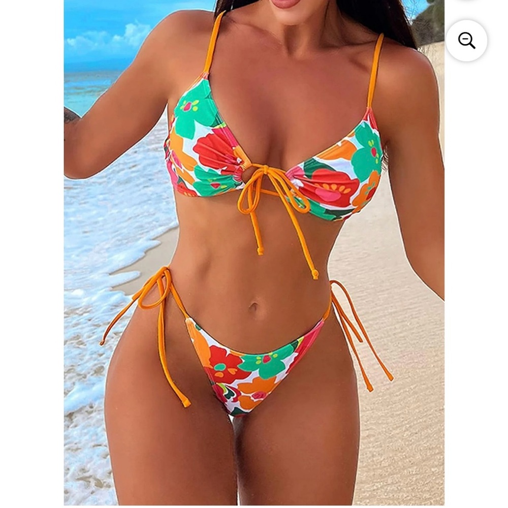 Floral Print Tie-Front String Bikini Set - 2 Piece Swimsuit
